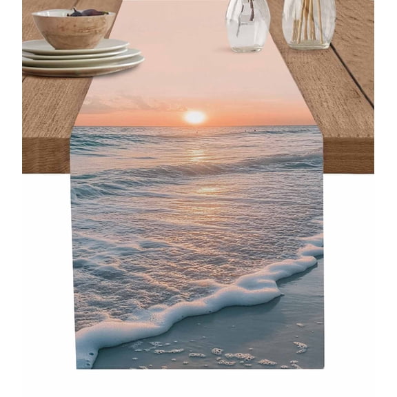 Ocean Sunset Burlap Cotton Table Runner 13x36 Inches Short, Summer Beach Shore Sky Sun Scenery Farmhouse Table Runners, Outdoor Dining Tablecloths Decor for Baby Shower/Party/Wedding