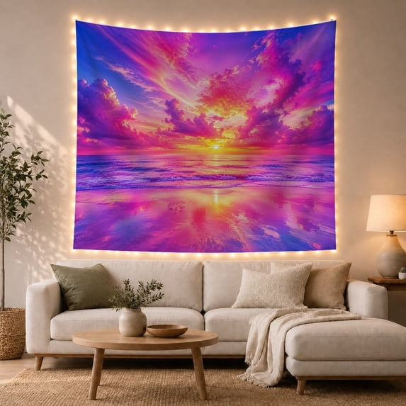Ocean Sunset Over Calm Shoreline, Dreamy Serene Coastal Vibe for Beach Lovers, Coastal Home Decor Housewarming Gift Tapestry Wall Hanging for Living Room, Bedroom and Dorm
