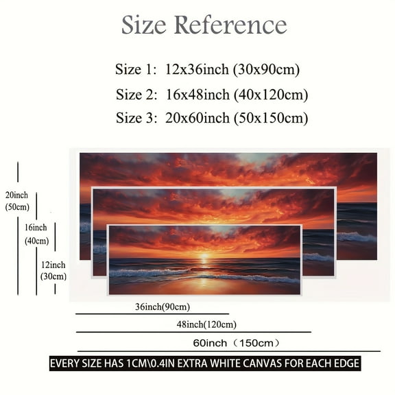 Ocean Sunset Canvas Art - Vibrant Red and Orange Sky, Frameless Wall Decor for Living Room, Office, or Home, Beach Theme Decor, Frameless Canvas Painting