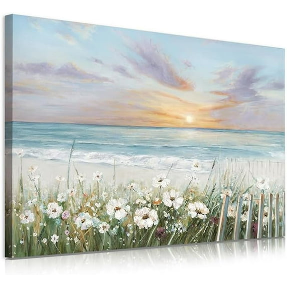 Ocean Sunset Canvas Prints Bathroom Wall Decor Ocean Theme Flower Canvas Wall Art Ocean Beach Sunrise With Blue Sky Beach Pictures Beach Decor for Wall Beach Art Wall Decor 16" X 12" X 1 Pieces