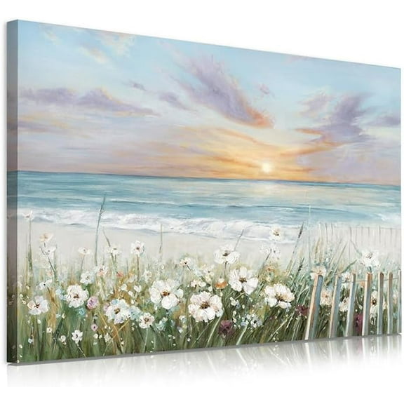 Ocean Sunset Canvas Prints Wall Art - Beach Theme Bathroom Decor With Flower and Sunrise - Blue Sky Wall Pictures - 16" X 12" X 1 Piece