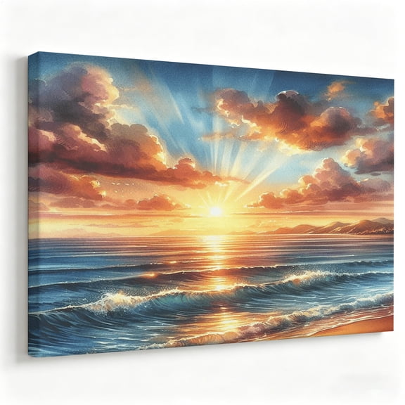 Ocean Sunset Canvas Wall Art, Seascape Beach Landscape Print, Golden Sunrise Wave Painting, Coastal Nature Decor for Living Room Bedroom 8*12