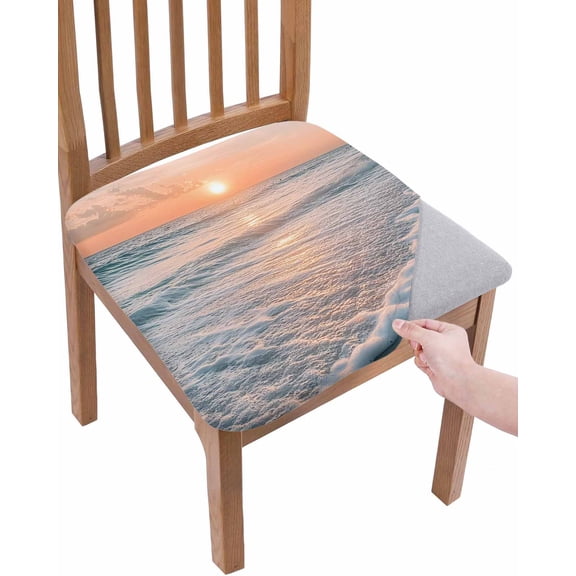 Ocean Sunset Chair Seat Covers for Dining Room Stretch Chair Seat Covers Set of 2, Summer Beach Shore Sky Sun Scenery Chair Seat Protector Cushion Slipcovers for Kitchen Restaurant Office