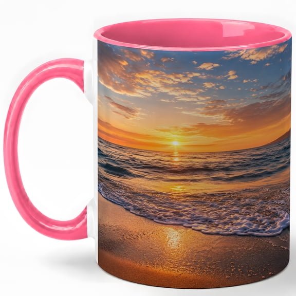 Ocean Sunset Coffee Mug, Golden Beach Waves Seascape Design, 11 oz Ceramic Cup