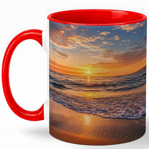 Ocean Sunset Coffee Mug, Golden Beach Waves Seascape Design, 11 oz Ceramic Cup