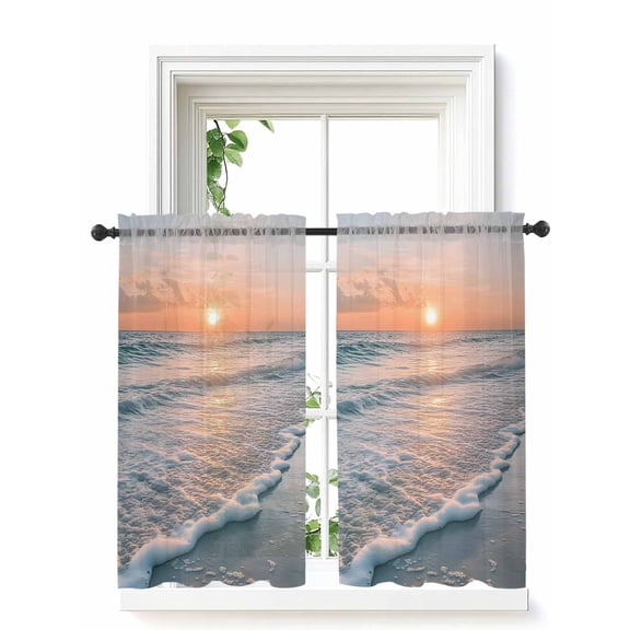 Ocean Sunset Curtains 45 Inch Length, Sheer Curtains for Bedroom Living Room Window Summer Beach Shore Sky Sun Scenery Rod Pocket Voile Drapes Kitchen Curtains Small Half Window 52"x45" 2 Panels