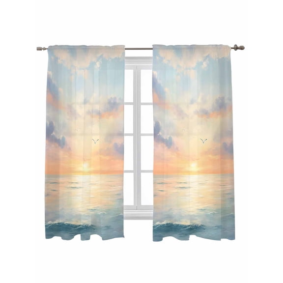 Ocean Sunset Curtains 72 Inch Length, Sheer Curtains for Bedroom Living Room Window Modern Orange Blue Oil Painting Seagull Rod Pocket Voile Drapes Kitchen Curtains Small Half Window 52"x72" 2 Panels