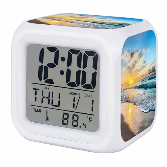 Ocean Sunset Digital Alarm Clock for Bedrooms, Smart LED Alarm Clock with 7 Color Changing Night Light, Beach Blue Sky Coastal Seashore Summer Silent Wake Up Clocks for Sleep Study Cooking 3.2"x3.2"