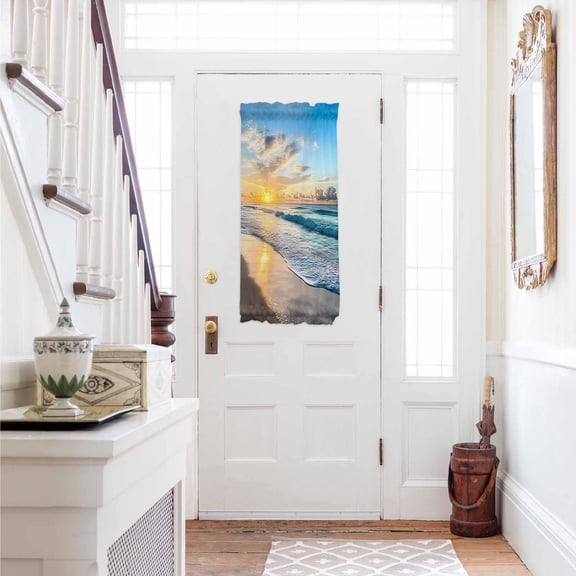 Ocean Sunset Door Curtains for Door Window, French Sidelight Front Back Door Curtains With Tieback, Beach Blue Sky Coastal Seashore Summer Kitchen Rod Pocket Drapes Panel, 25"x40"