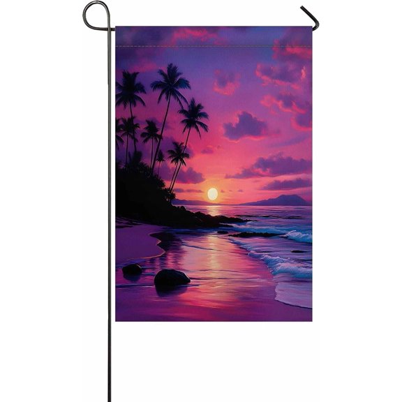 Ocean Sunset Double Sided Garden Flag 12 x 18 Inch Tropical Palm Tree Outdoor Yard Decor