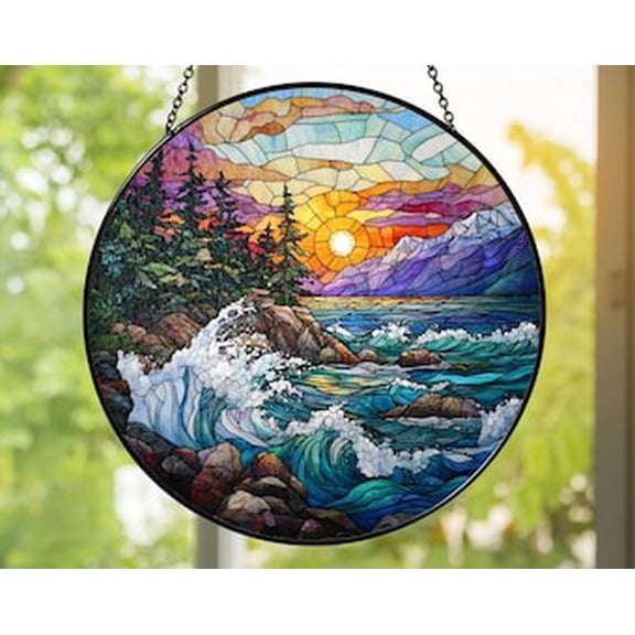 Ocean Sunset Glass Suncatcher: Coastal Mountain Landscape, 3.5 in