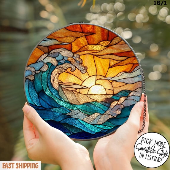 Ocean Sunset Glass Window Hanging, Coastal Beach Suncatcher, Seaside Decor, 3.5 in