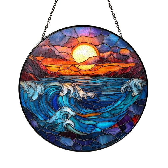 Ocean Sunset Glass Window Hanging Decor, Round Wave Inspired Coastal Scene Art, Decorative Light Catching Glass Accent for Home Window Display
