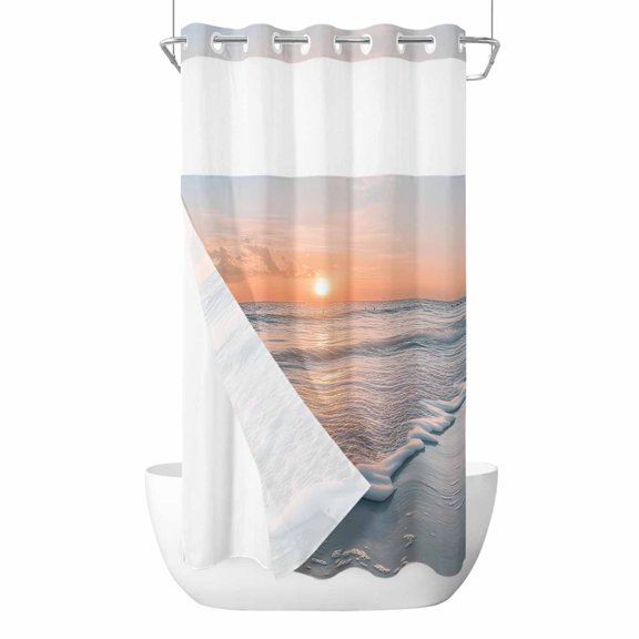 Ocean Sunset No Hook Shower Curtain Waterproof, Bathroom Curtains with Snap in Liners and See Through Top Window, Summer Beach Shore Sky Sun Scenery Hotel Style Bathtub Curtains Shower 36"Wx72"L
