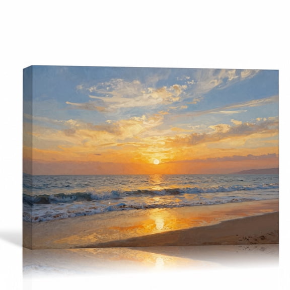Ocean Sunset Impressionist Wall Art Golden Waves Coastal Landscape Canvas Print Artistic Beach Painting Large Wall Decor 36"L x 24"W