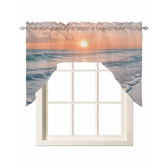 Ocean Sunset Kitchen Swag Valance for Window, Rod Pocket Short Kitchen Curtains 36 Inch Length, Summer Beach Shore Sky Sun Scenery Swag Topper Small Window Treatment for Cafe Bathroom Bedroom