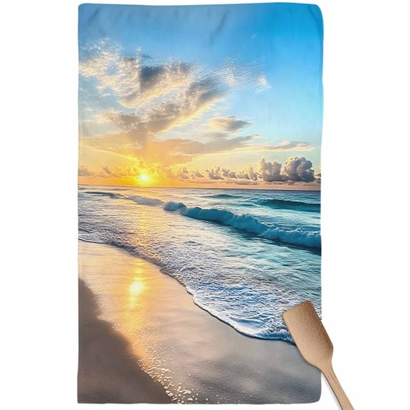 Ocean Sunset Kitchen Towel Dish Cloths Set of 1, Microfiber Soft Kitchen Hand Towels, Beach Blue Sky Coastal Seashore Summer Absorbent Quick Drying Dishcloths 18 x 28 Inches