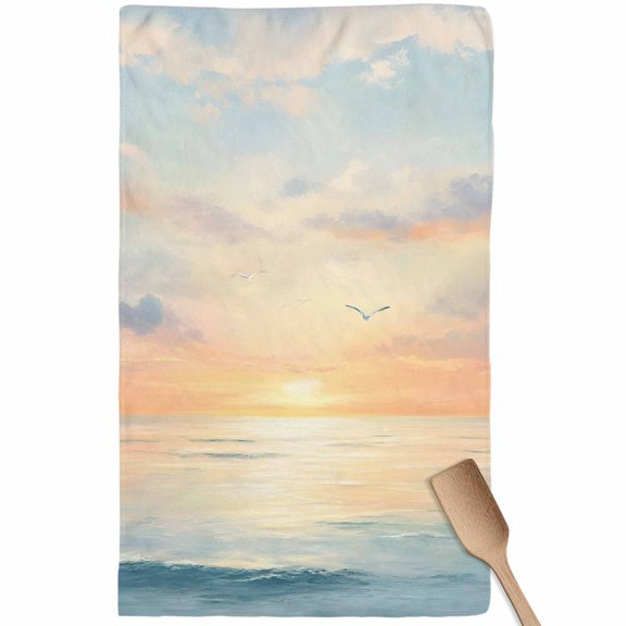 Ocean Sunset Kitchen Towel Dish Cloths Set of 1, Microfiber Soft Kitchen Hand Towels, Modern Orange Blue Oil Painting Seagull Absorbent Quick Drying Dishcloths 18 x 28 Inches