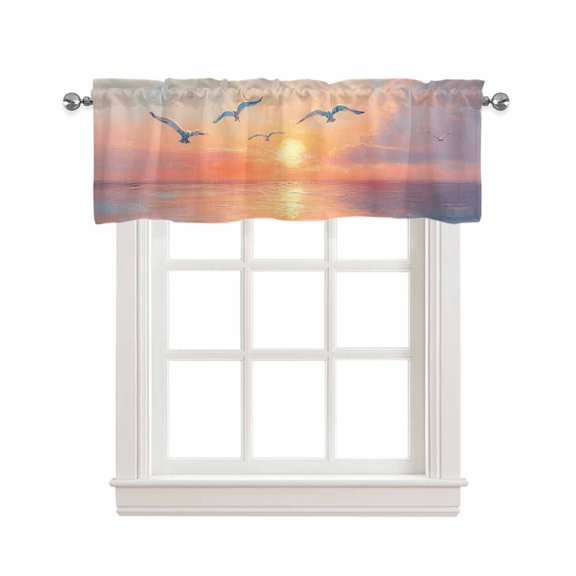 Ocean Sunset Kitchen Valances for Windows Farmhouse Linen Window Valance Curtain for Living Room Window Treatment Orange Blue Sea Seagull Oil Painting Valance Rod Pocket Topper Drape, 60 x 18 Inch