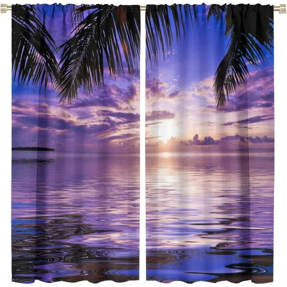 Ocean Sunset Kitchen Window Curtain,Summer Tropical Beach Palm Tree Leaf Window Drapes,Sunrise Sunset Theme Purple Blue Sky Sea Water Wave Nature Scenery Curtains for Living Room 84x84in