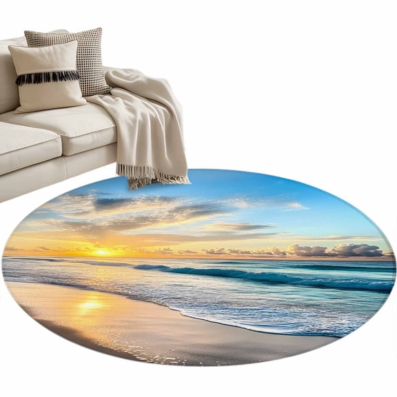 Ocean Sunset Large Area Rugs for Bedroom Living Room, Soft Non Slip Carpet Bedside Rug, Beach Blue Sky Coastal Seashore Summer Round Floor Cover Kitchen Accent Rug 3' for Dining Room/Office
