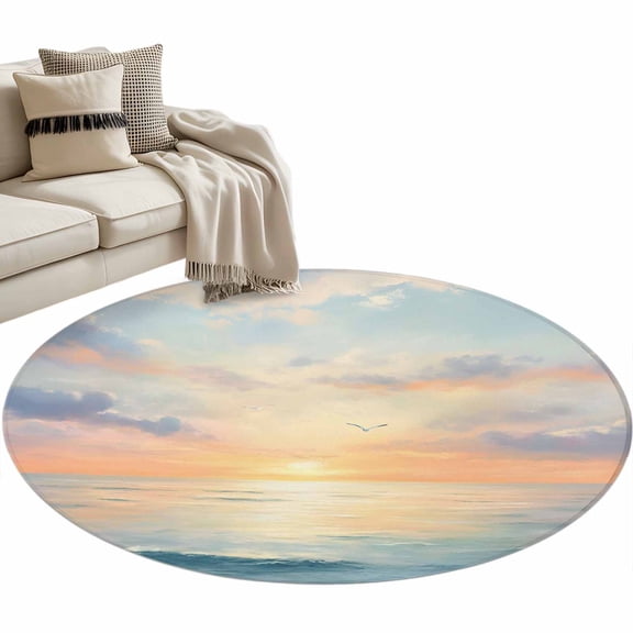 Ocean Sunset Large Area Rugs for Bedroom Living Room, Soft Non Slip Carpet Bedside Rug, Modern Orange Blue Oil Painting Seagull Round Floor Cover Kitchen Accent Rug 4' for Dining Room/Office