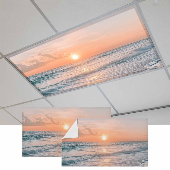 Ocean Sunset Magnetic Fluorescent Light Covers for Ceiling Lights 2x4 Feet, Summer Beach Shore Sky Sun Scenery Office Classroom Kitchen Drop Ceiling Light Covers Lighting Filters Shade Panel 2 Packs