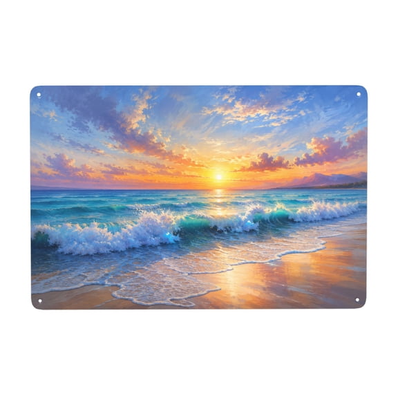 Ocean Sunset Metal Wall Decor Sign, Beach Theme, 8x12 Inch, Vintage Style