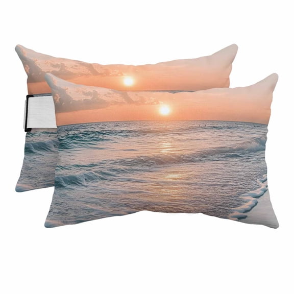 Ocean Sunset Outdoor Pillows for Chaise Lounge Chair Beach Headrest Pillow Set of 2 Waterproof Lumbar Pillows with Insert&Strap Summer Beach Shore Sky Sun Scenery Pillow for Patio Pool 12"x20"