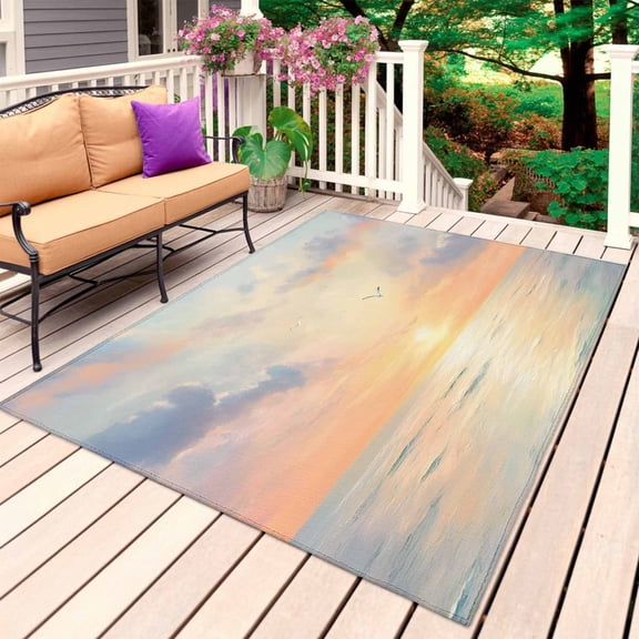 Ocean Sunset Outdoor Rug 4x6 Ft, Non Slip Washable Area Rug, Modern Orange Blue Oil Painting Seagull Patio Rugs Carpet Runner, Large Floor Mat for Indoor/Outdoor Deck Porch Camping