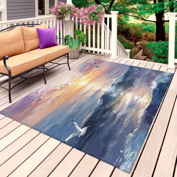 Ocean Sunset Outdoor Rug 4x6 Ft, Non Slip Washable Area Rug, Seagull Modern Abstract Oil Painting Patio Rugs Carpet Runner, Large Floor Mat for Indoor/Outdoor Deck Porch Camping