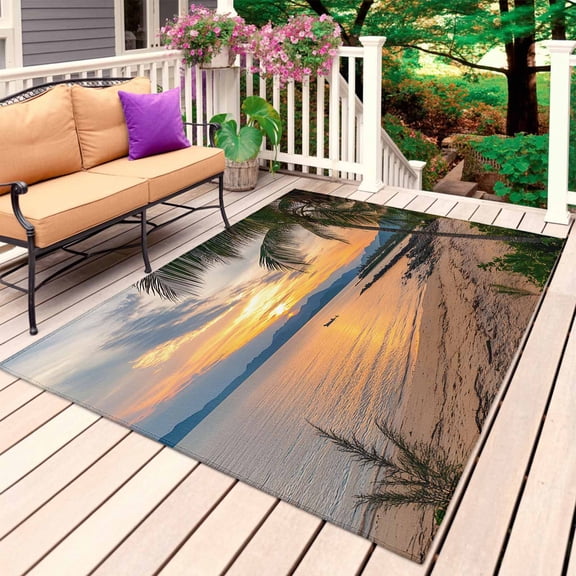 Ocean Sunset Outdoor Rug 5x7 Ft, Non Slip Washable Area Rug, Summer Palm Tree Shore Sand Mountain Patio Rugs Carpet Runner, Large Floor Mat for Indoor/Outdoor Deck Porch Camping