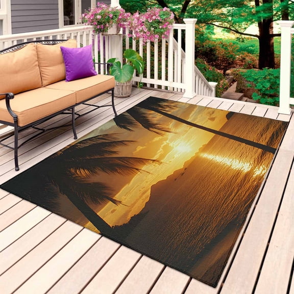 Ocean Sunset Outdoor Rug 5x8 Ft, Non Slip Washable Area Rug, Palm Tree Beach Coastal Seaside Seashore Patio Rugs Carpet Runner, Large Floor Mat for Indoor/Outdoor Deck Porch Camping