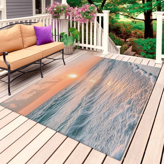 Ocean Sunset Outdoor Rug 5x8 Ft, Non Slip Washable Area Rug, Summer Beach Shore Sky Sun Scenery Patio Rugs Carpet Runner, Large Floor Mat for Indoor/Outdoor Deck Porch Camping