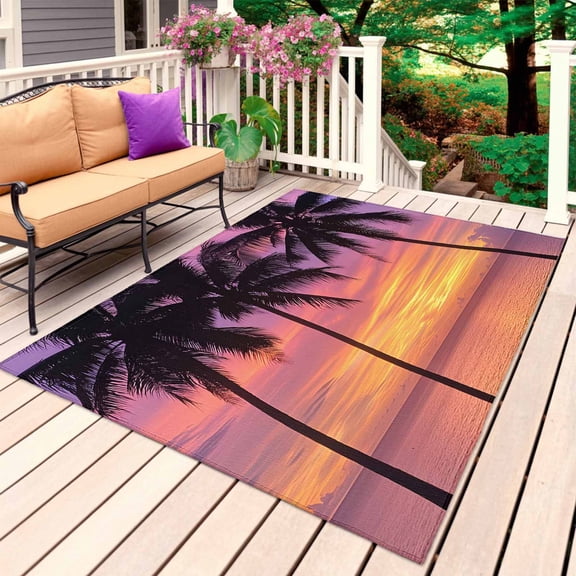 Ocean Sunset Outdoor Rug 5x8 Ft, Non Slip Washable Area Rug, Summer Seashore Palm Tree Gradient Sky Patio Rugs Carpet Runner, Large Floor Mat for Indoor/Outdoor Deck Porch Camping