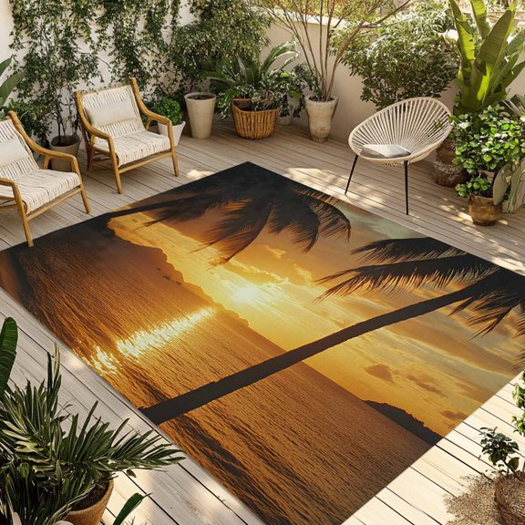 Ocean Sunset Outdoor Rug 5x8 Ft - Reversible Patio Rug Outdoor Camping Rugs, Palm Tree Beach Coastal Seaside Seashore Washable Indoor Outdoor Area Rugs, Non-Slip Outdoor Carpet Runner for Deck/Porch