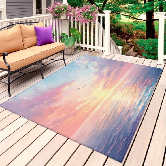 Ocean Sunset Outdoor Rug for Patio/Deck/Porch, Non-Slip Large Area Rug 3 x 5 Ft, Purple Blue Seagull Modern Oil Painting Indoor Outdoor Rugs Washable Area Rugs, Reversible Camping Rug Carpet Runner