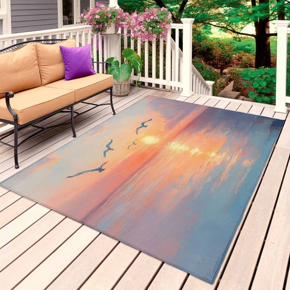 Ocean Sunset Outdoor Rug for Patio/Deck/Porch, Non-Slip Large Area Rug 6 x 9 Ft, Orange Blue Sea Seagull Oil Painting Indoor Outdoor Rugs Washable Area Rugs, Reversible Camping Rug Carpet Runner