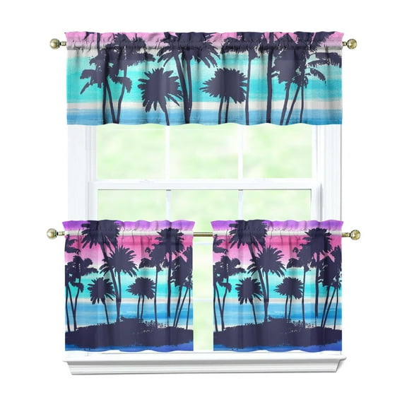 Ocean Sunset with Palm Trees Kitchen Curtains - 3-Piece Set (54x18 + 2x27.5x24 Inch), White Semi-Sheer Tier & Valance, Rod Pocket Farmhouse Window Panels for Minimalist Decor
