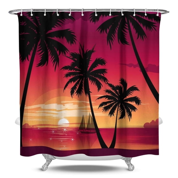 Ocean Sunset with Palm Trees Shower Curtain, Tropical Beach Sunset Waterproof Bath Curtain 84x72 Inch, Hotel Style Quick Dry & Machine Washable, Elegant Boho Design