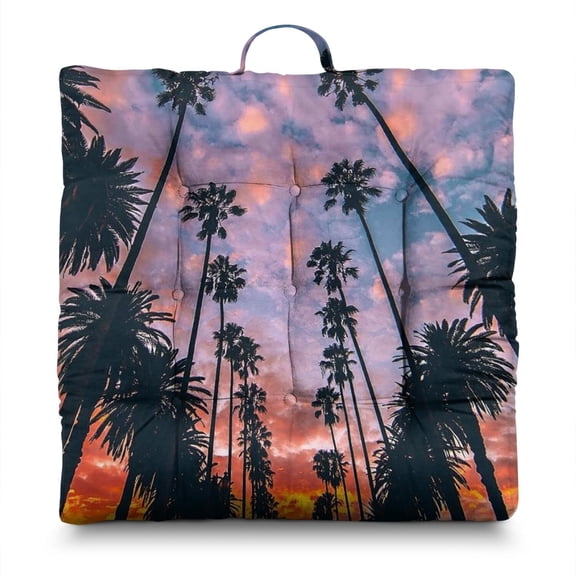 Ocean Sunset with Palm Trees Yoga Pillow - Extra-Thick 4.7" Floor Seating Cushion, Japanese-Style Zabuton with 9-Point Stitching, Perfect for Meditation & Relaxation