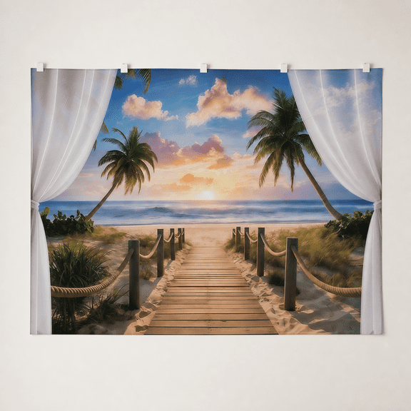 Ocean Sunset Palms and Boardwalk Printed Backdrop, 210 x 150 cm