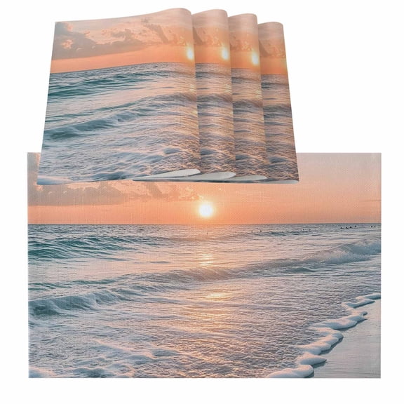 Ocean Sunset Placemats for Dinning Table Set of 4, Summer Beach Shore Sky Sun Scenery Burlap Kitchen Place Mats Waterproof Cloth Table Mats, Indoor Outdoor Placemats Easy Clean Dinner Decor