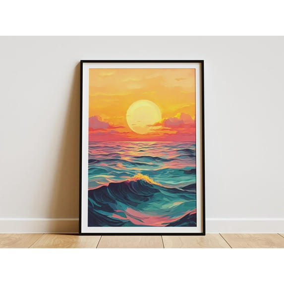 Ocean Sunset Poster Golden Hour Sea Print Coastal Wall Art Beach Decor Summer Vibes Modern Art Abstract Ocean Painting Boho Decor Wall - Poster Unframed