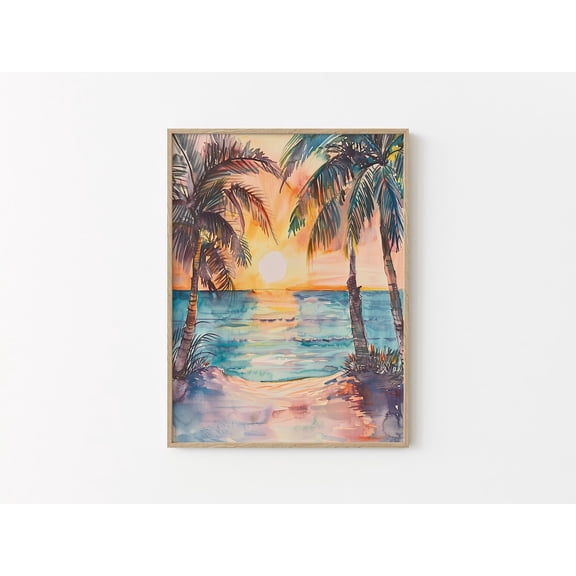 Ocean Sunset Print Summer Tropical Wall Decor Coastal Seascape Sea Sunrise Palm Tree Beach Landscape Poster Decor, Size 16x24 UNFFRAMED F03.1.8l1269