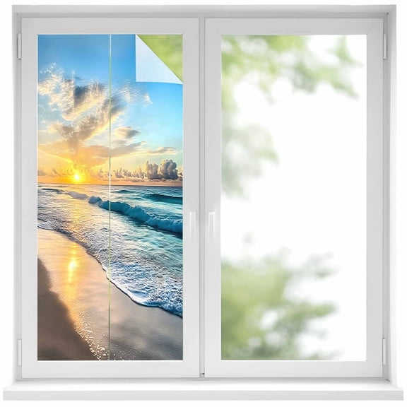 Ocean Sunset Privacy Window Film, Decorative Frosted Glass Window Film, Beach Blue Sky Coastal Seashore Summer Reusable Peel and Stick Static Cling for Home Bathroom Office Glass Door 17.7"x39.3"