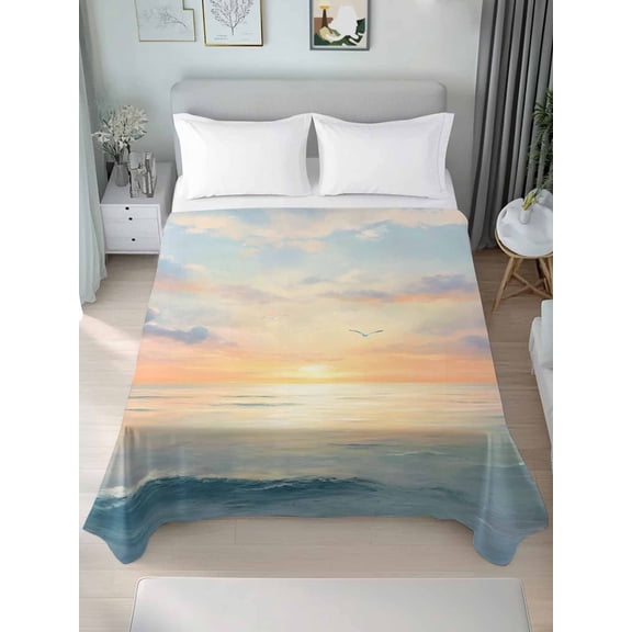 Ocean Sunset Queen Size Flat Sheet, Wrinkleproof & Fadeproof Cooling Flat Bed Sheet Only, Modern Orange Blue Oil Painting Seagull Breathable Soft Bedding Top Sheets 90 x 102 Inches