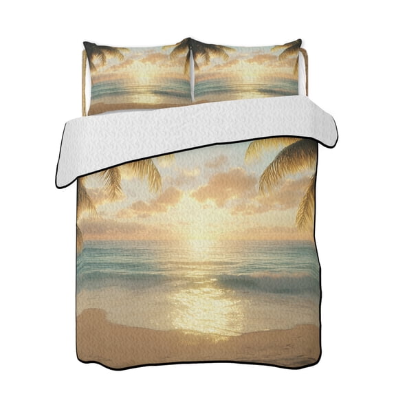 Ocean Sunset Quilts Bedding Set Twin Size Tropical Sandy Beach Palm Trees Lightweight Quilted Bedspread 3 Piece Bed Quilt with 2 Pillow Shams All Season for Bedroom 68" x 86"