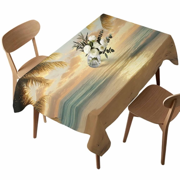 Ocean Sunset Rectangle Tablecloth Tropical Sandy Beach Palm Trees Waterproof Wrinkle Free Soft Table Cloth Spill-Proof Washable Table Cover for Dining Party Picnic 52 x 70 Inch