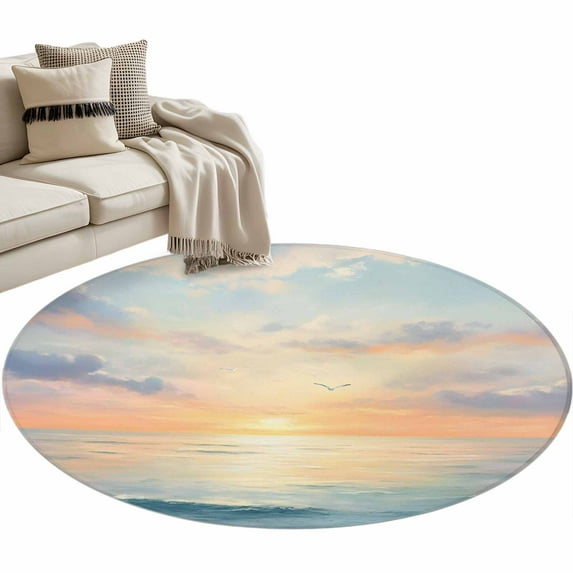 Ocean Sunset Round Area Rug 4 FT, Non Slip Indoor Outdoor Rug, Modern Orange Blue Oil Painting Seagull Washable Soft Circular Carpet Non-Shedding Floor Mat for Coffee Table Nursery Foyer Balcony